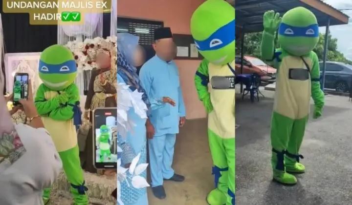 lelaki pergi majlis kahwin ex pakai maskot ninja turtle, “maaf datang cara macam ni..”