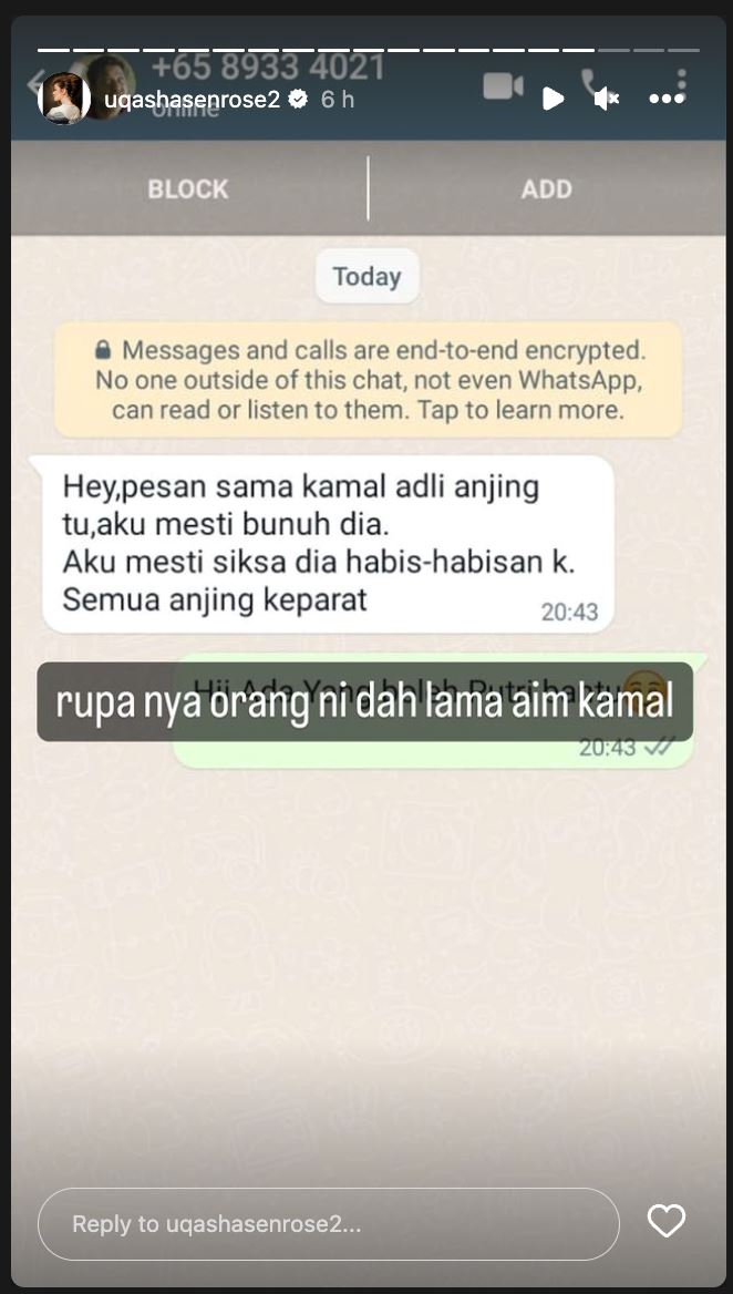 kamal adli parah dipukul, uqasha senrose dedah mesej ugutan pada suaminya