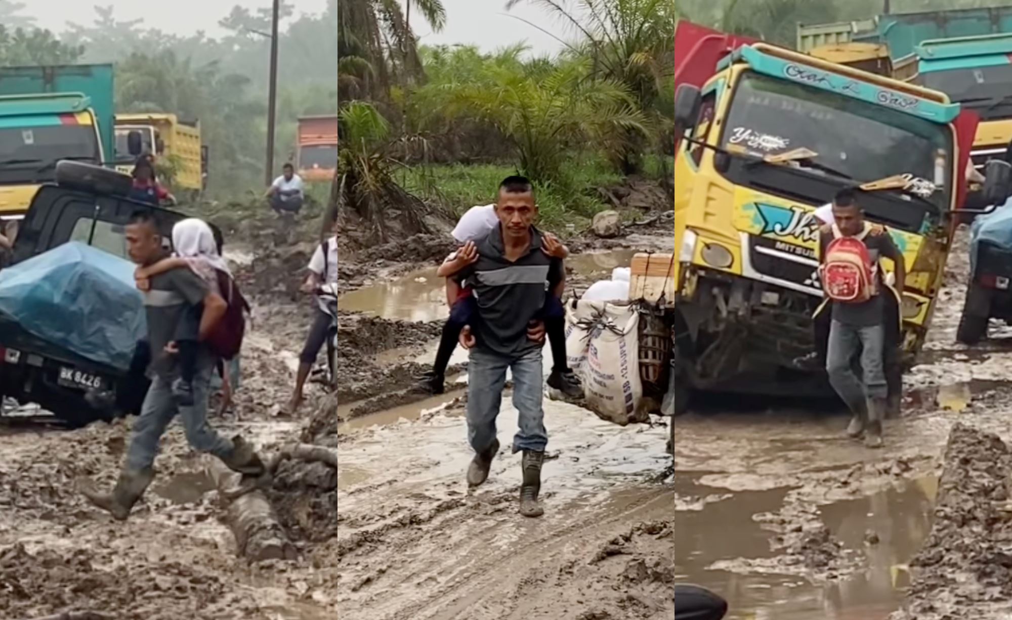 father's sacrifice! carrying daughter over harsh, muddy road every day so she can safely go to school