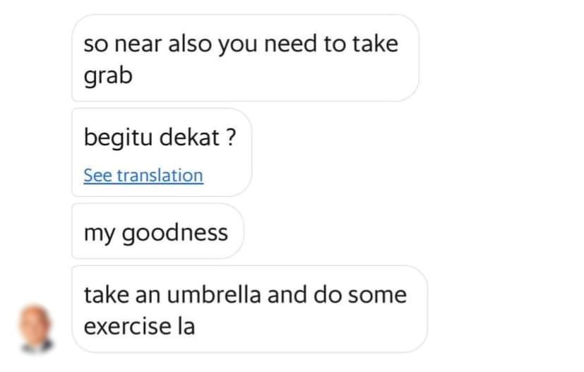 “use an umbrella, exercise” e-hailing driver criticizes passenger for short distance ride