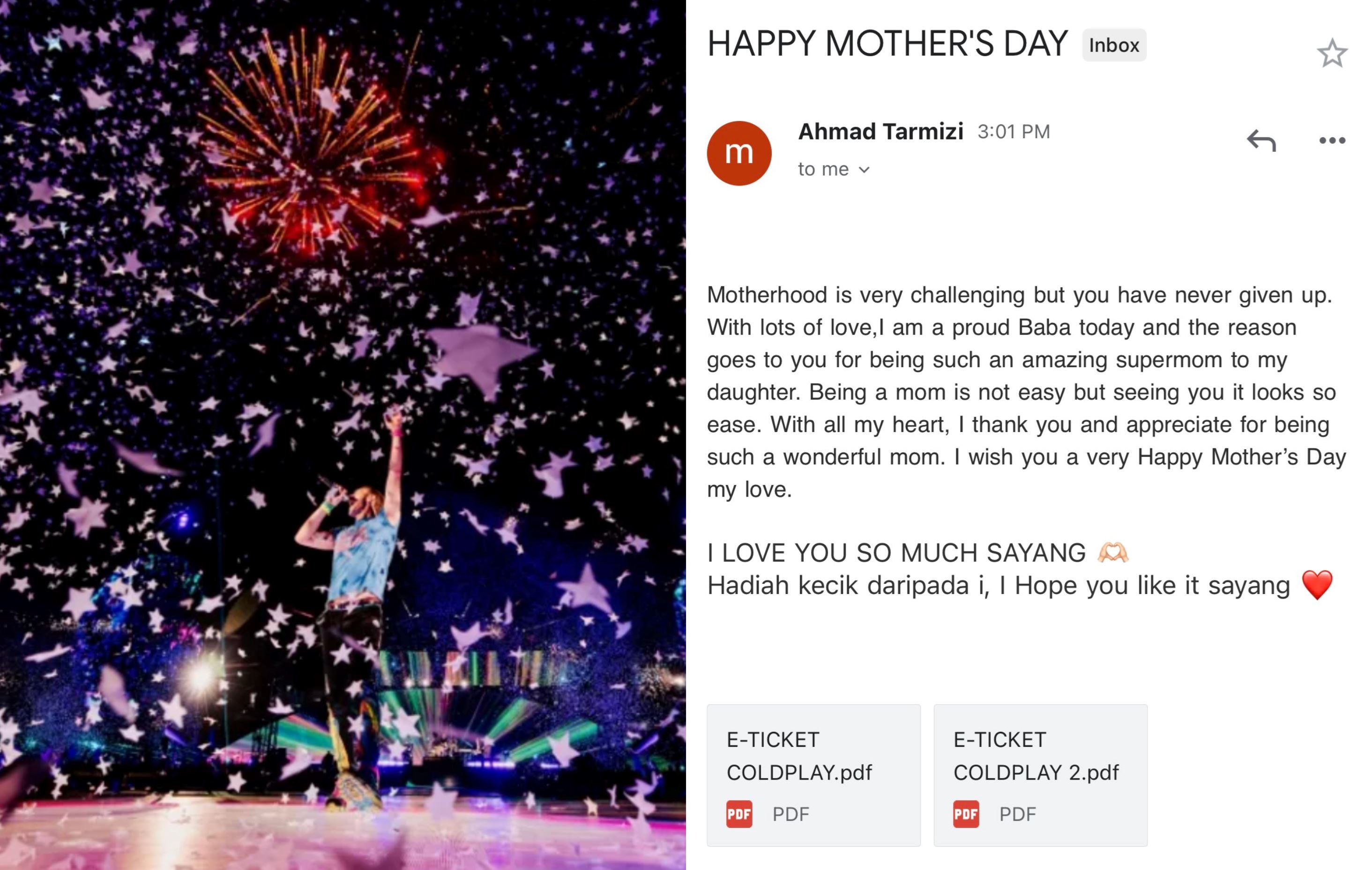 husband surprises his wife with coldplay concert tickets for mother’s day, m’sians touched!