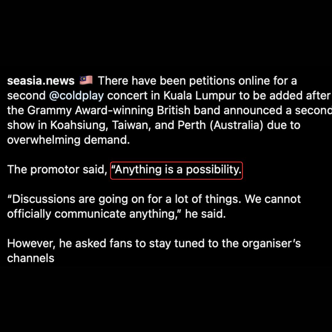 coldplay大马站有望加场！主办方：一切皆有可能！