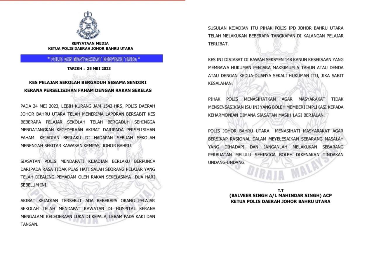 punca baling pemadam, sekumpulan pelajar di johor ditahan akibat gaduh