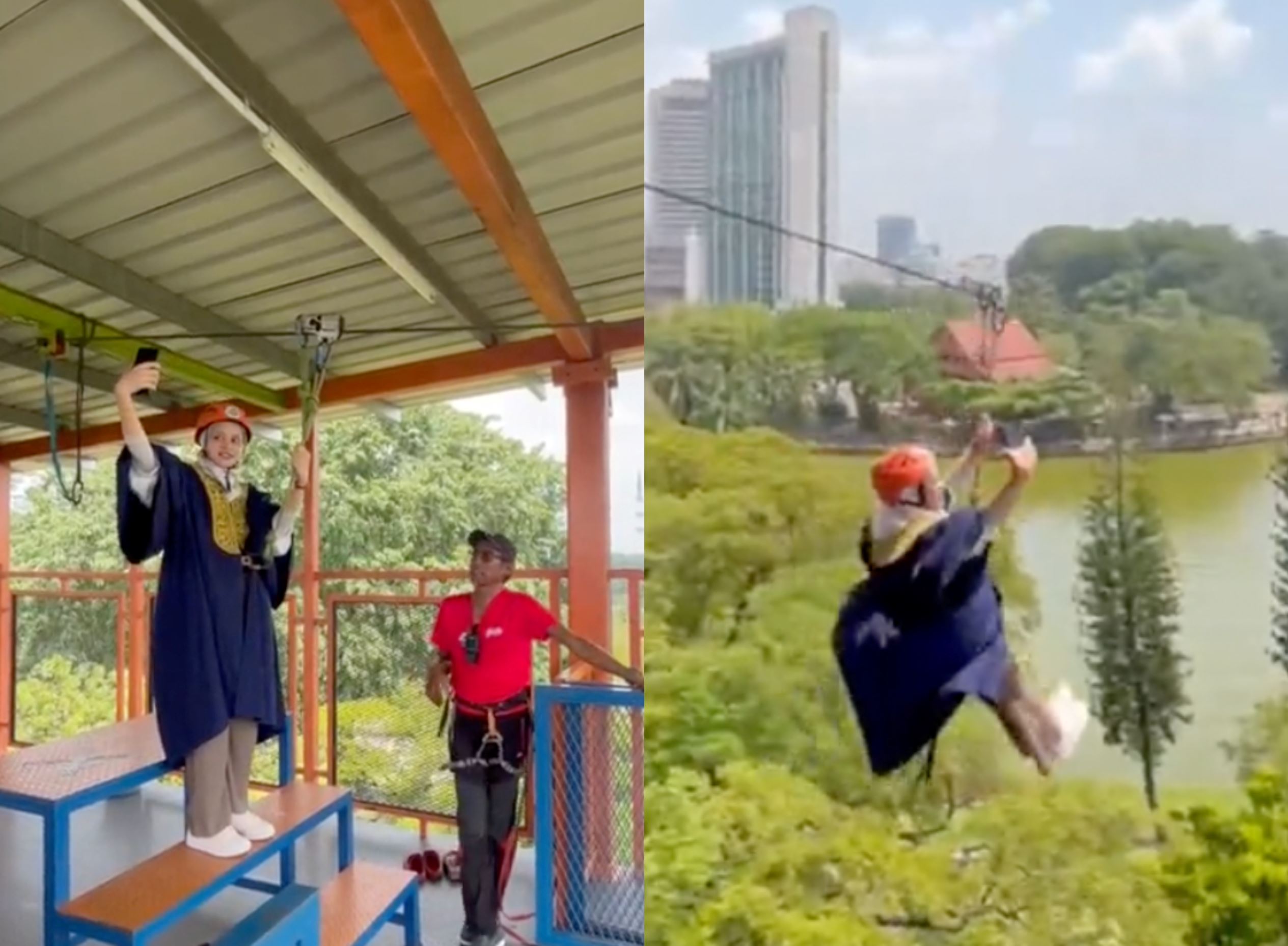 students take pre-convocation to new heights! wearing graduation gowns while on a flying fox!