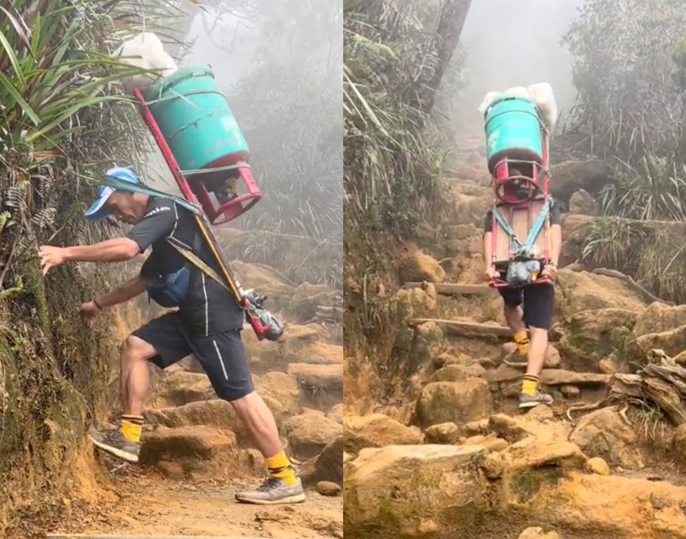 “hardworking!” netizens praise malaysian climbing mount kinabalu with gas tank on his back