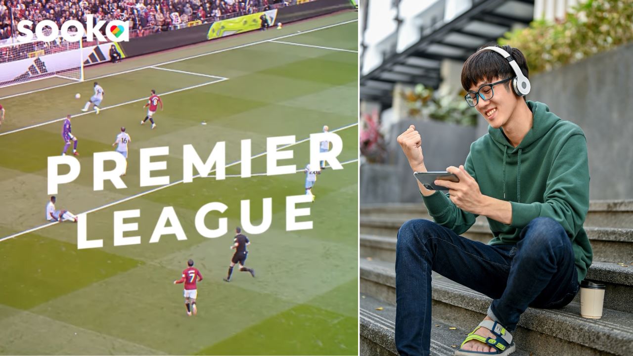 A football match and a guy watching something on his phone with headphones on