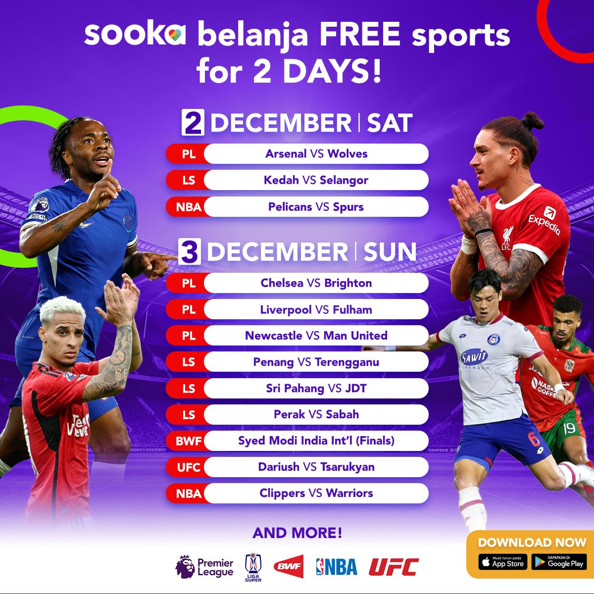 A poster of football players and a sports showtimes schedule