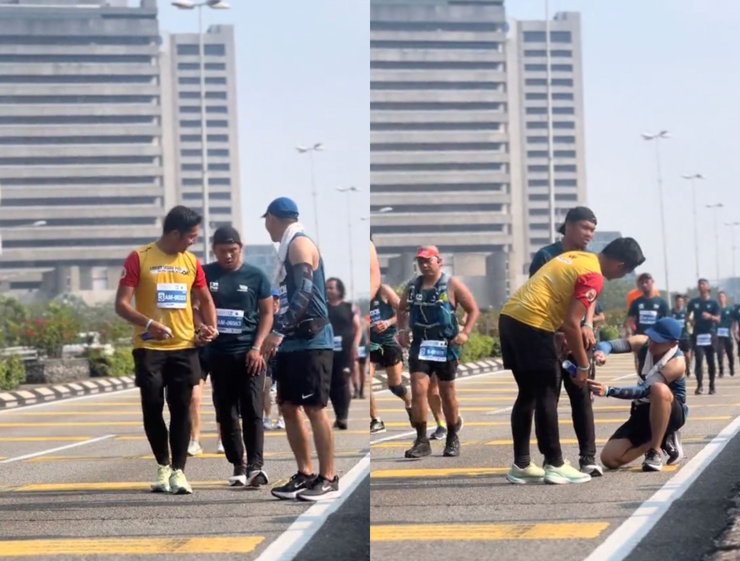 malaysians applaud kuala lumpur marathon participants for assisting runner with leg cramp