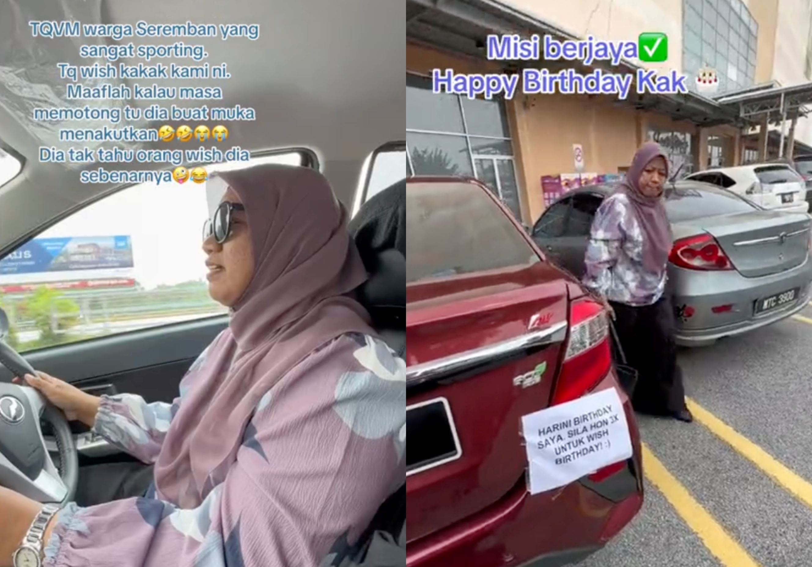 malaysian woman pulls hilarious birthday prank on sister with honk, it's my birthday! car sign