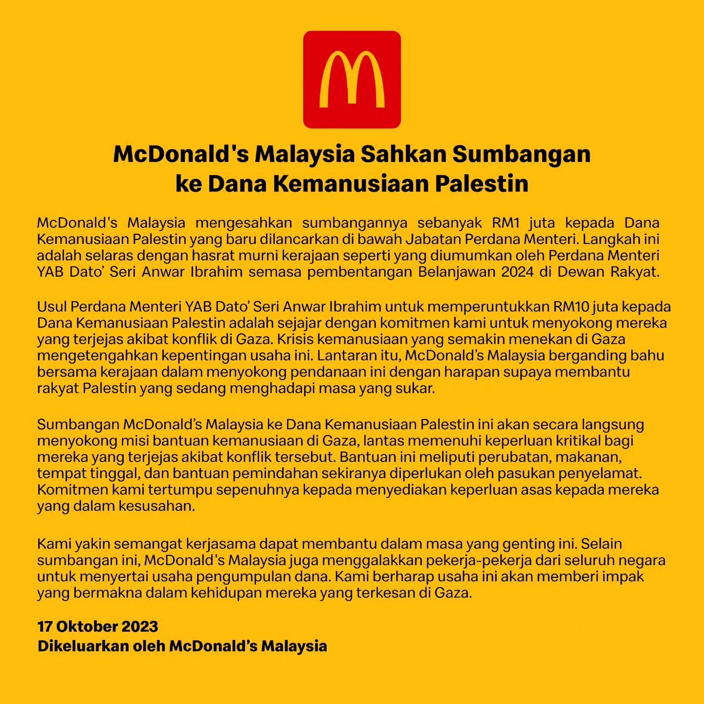 mcdonald's malaysia sumbangkan rm 1 juta ke dana kemanusiaan palestin