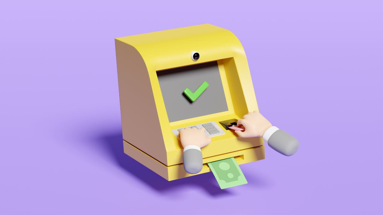 cartoon hands at a cartoon atm machine