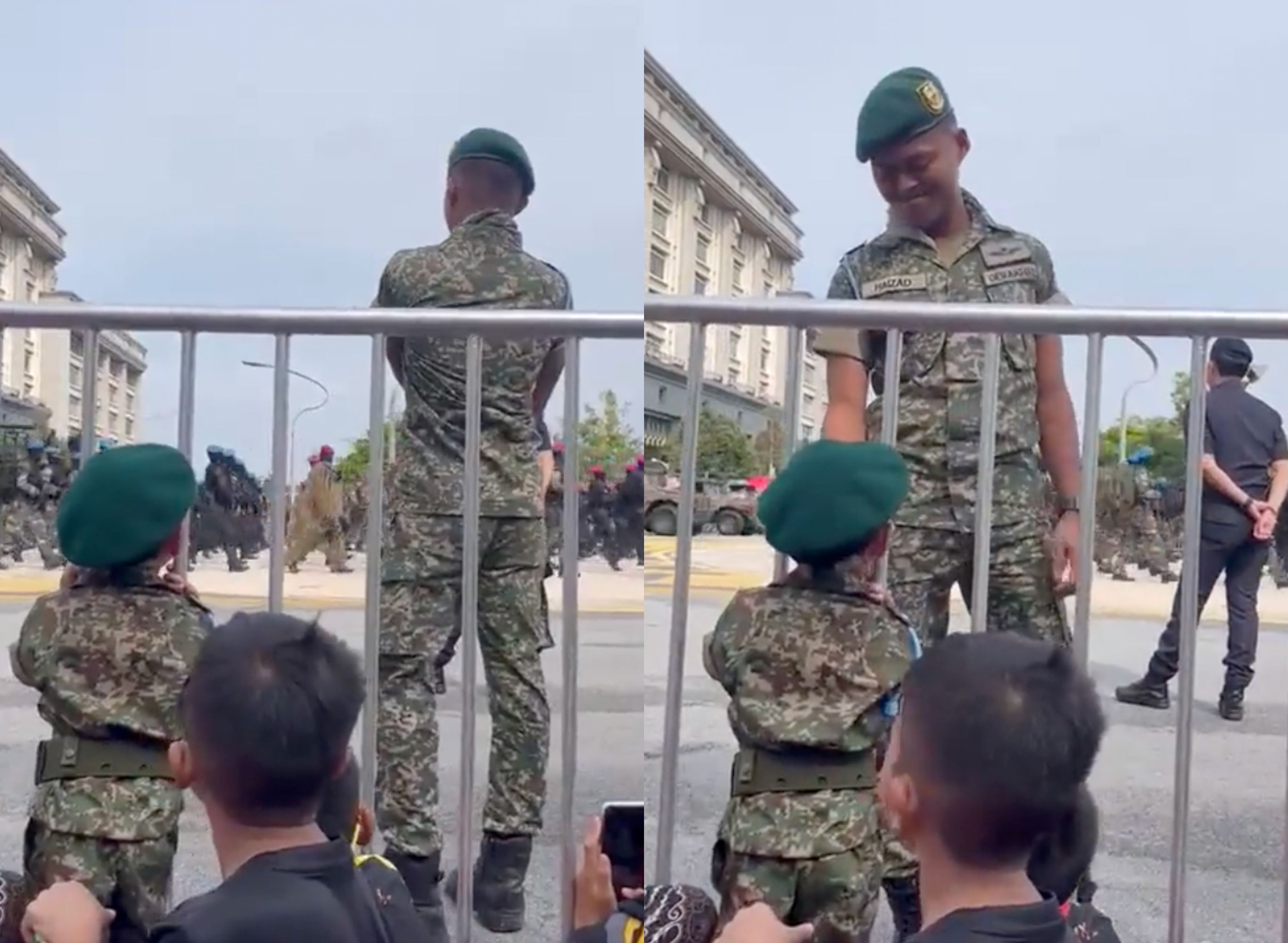 soldier's heartfelt gesture! gifting his unit patch to toddler during national day parade