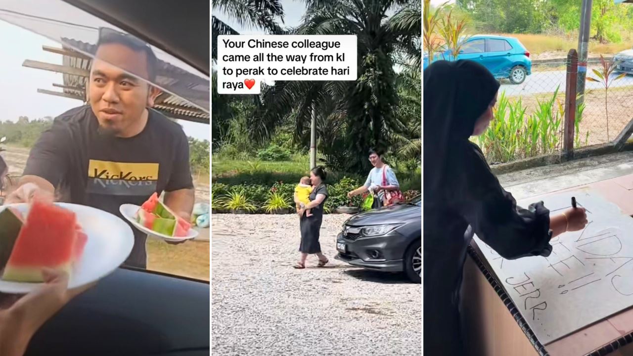 Collage photo of a guy giving watermelon, Chinese family celebrating raya and a woman writing on a cardboard