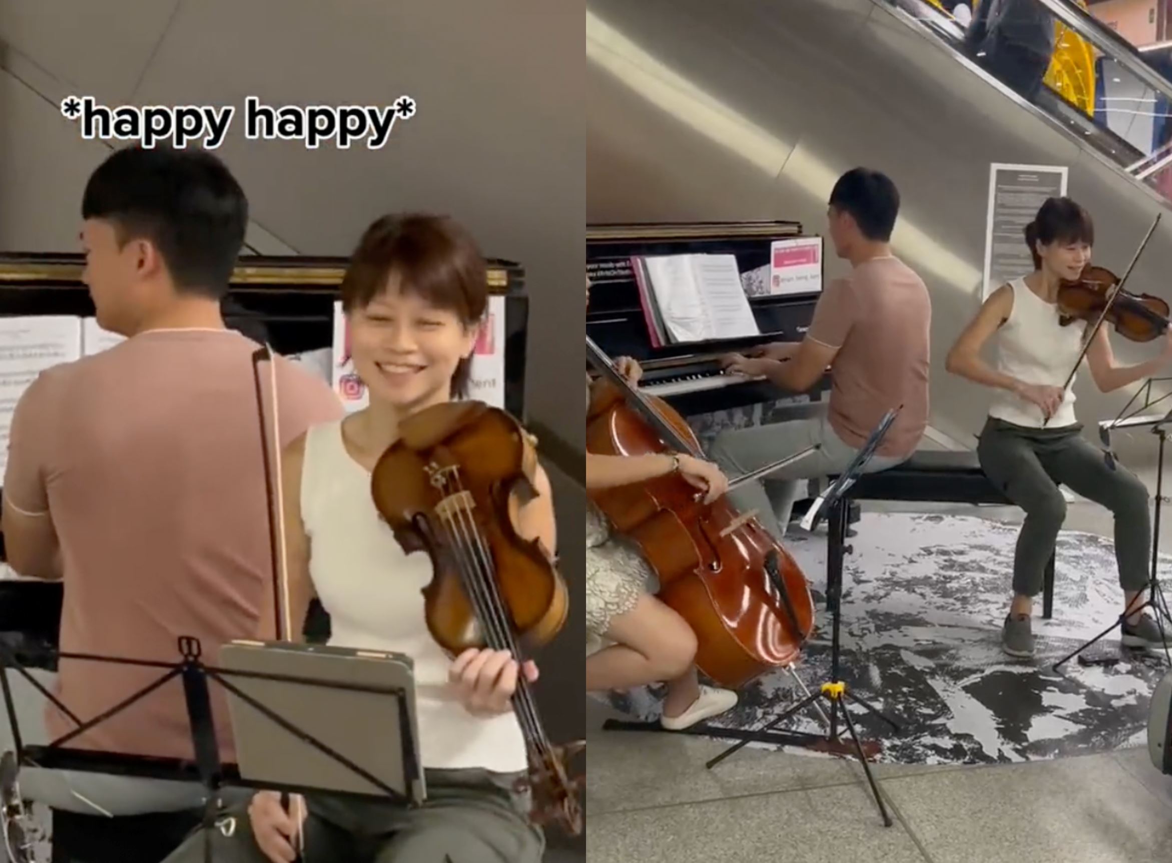  trio of cellist, violinist, and pianist entertain commuters at pasar seni mrt with coldplay performance