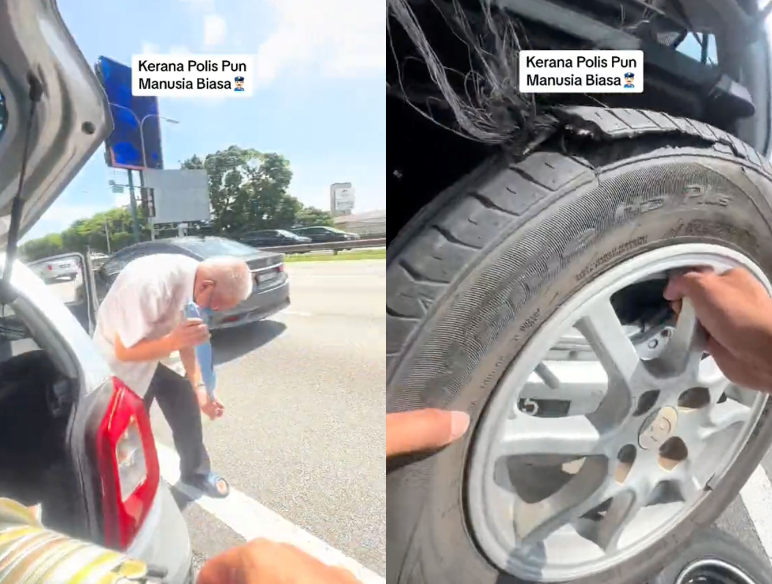 netizens praise kind abang polis for helping elderly uncle with flat tyre on busy highway