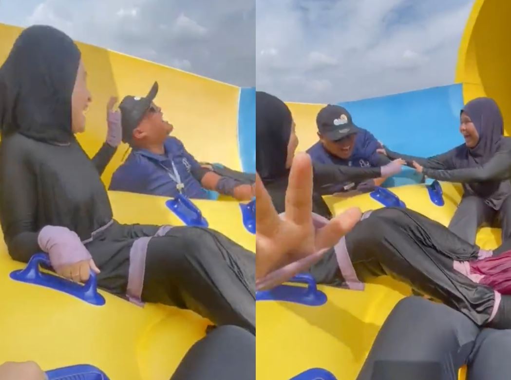 waterpark lifeguard slipped and ended up riding water slide with customers, netizens amused!