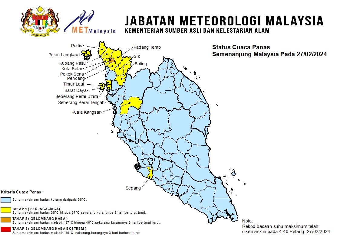 pokok sena pada tahap 2 cuaca panas, 15 lagi kawasan di malaysia tahap 1
