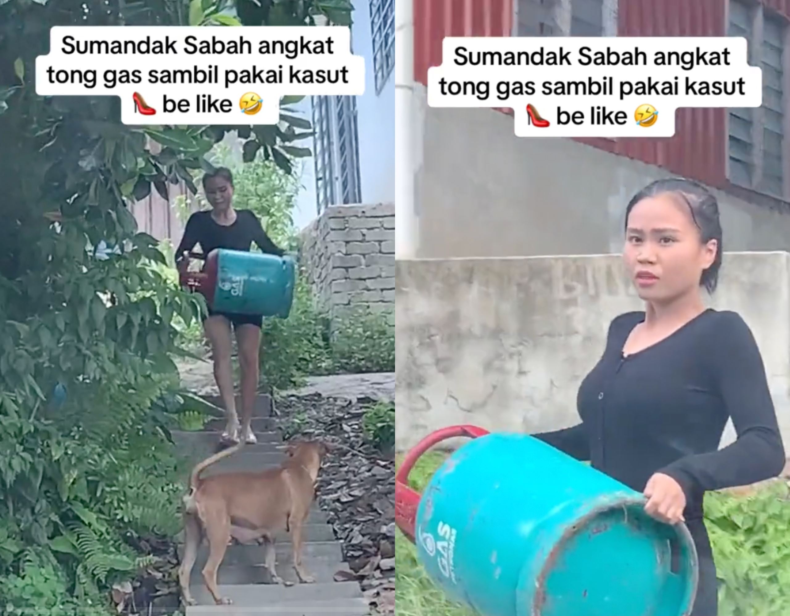 that's impressive! sabah woman goes viral carrying gas tank down steep stairs in high heels!