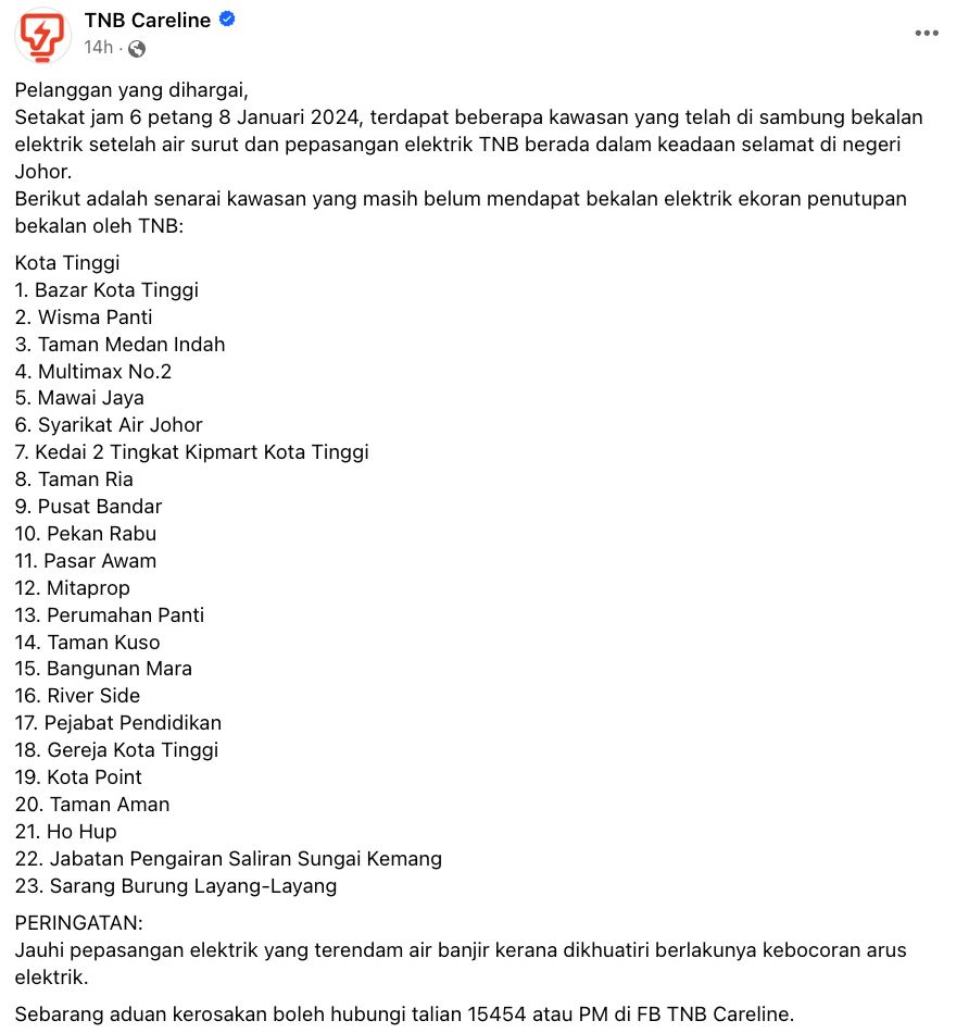 banjir teruk, tnb tutup bekalan elektrik di beberapa kawasan kota tinggi