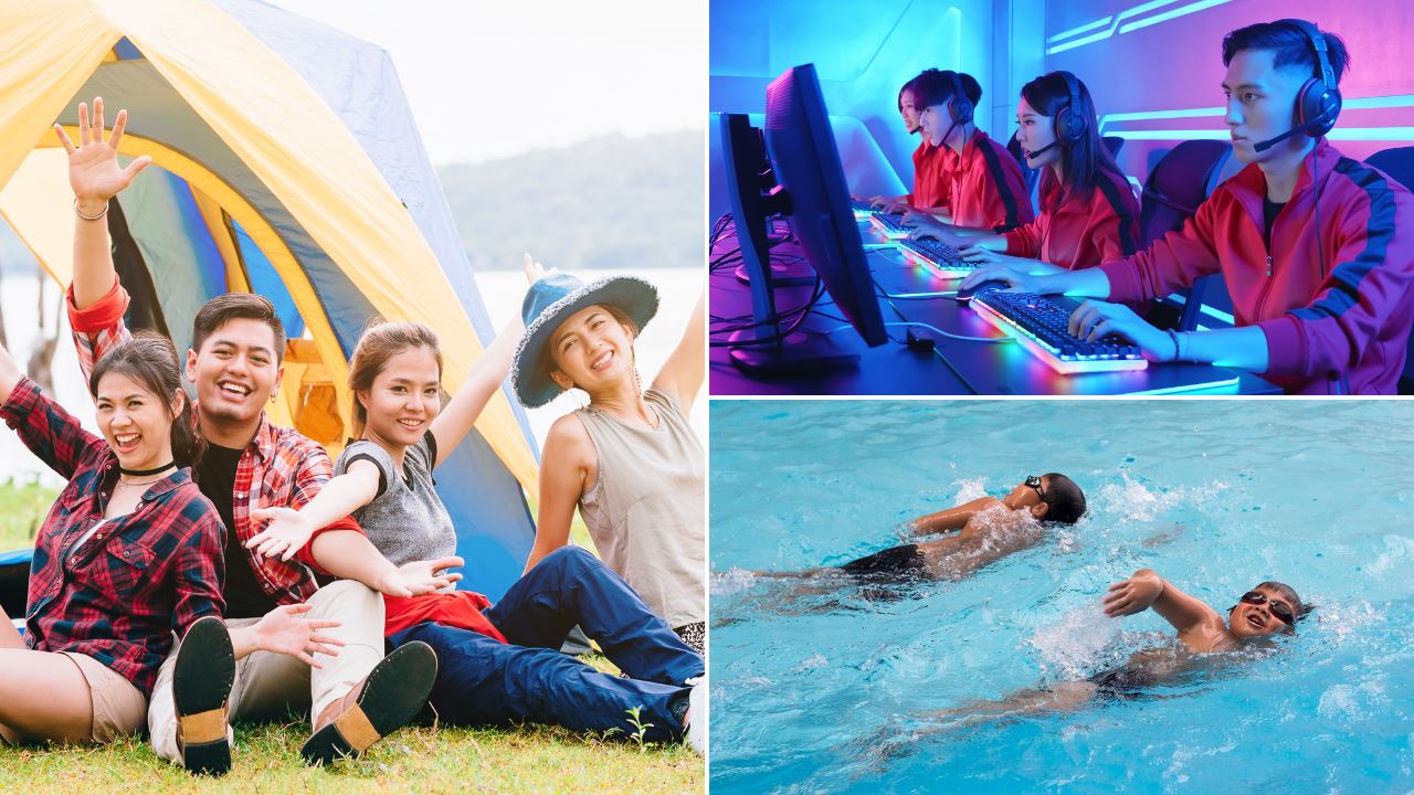 youths camping, playing games and swimming