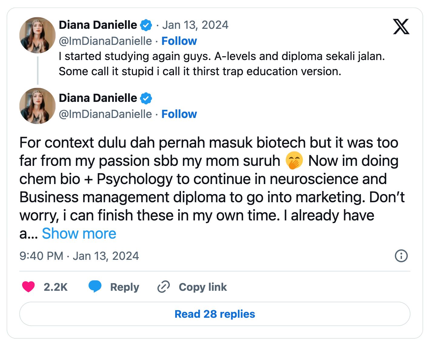 diana danielle sambung belajar, ambil serentak bio kimia + psikologi dan bisnes. hebat!