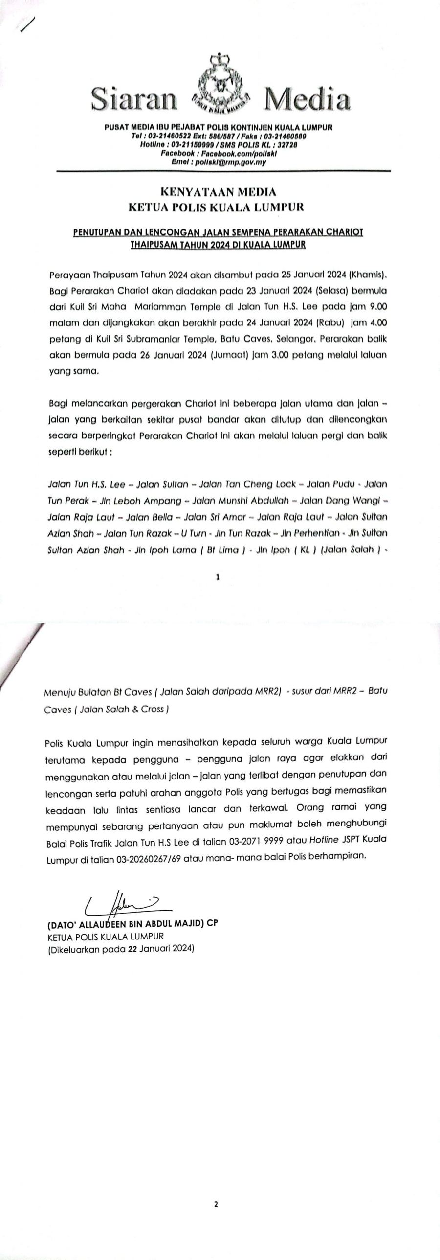 lebih 20 jalan sekitar ibu kota ditutup mulai malam ini sempena thaipusam