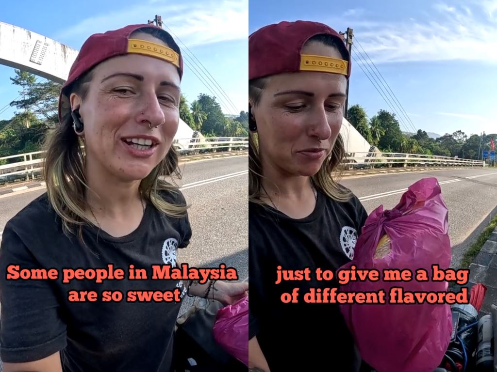 young malaysian man demonstrates kindness by chasing down cyclist to offer her some bread and drink!