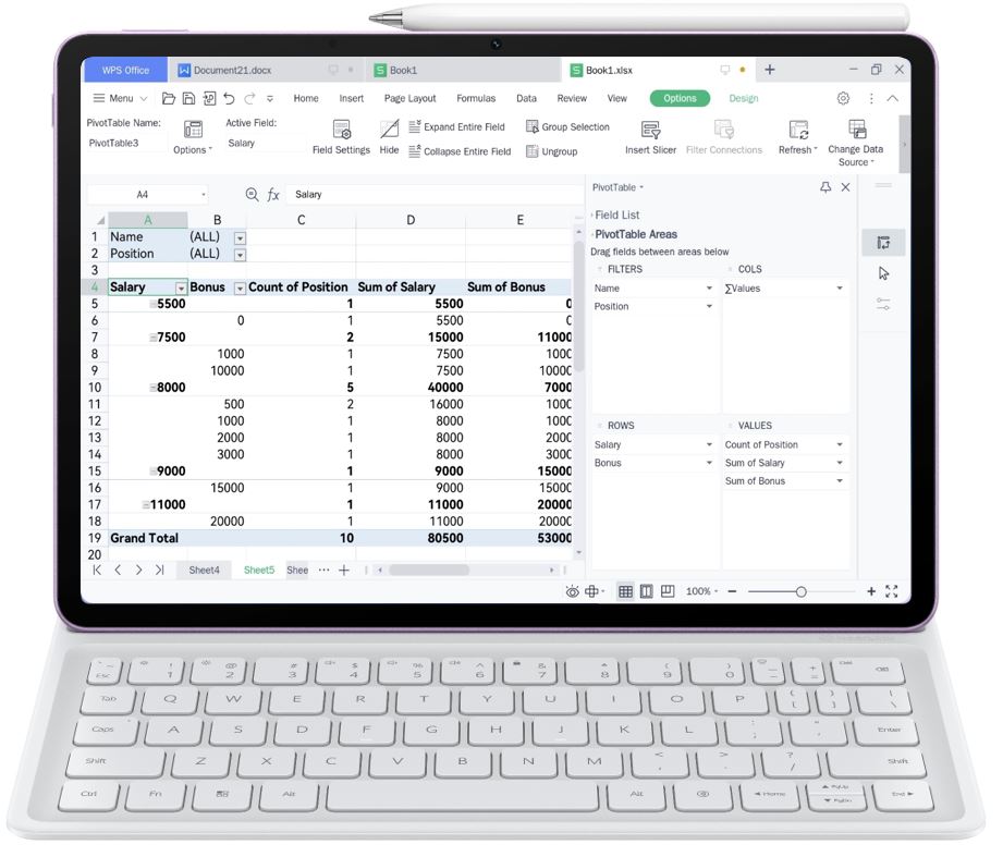 HUAWEI MatePad PaperMatte tablet screen showing the WPS office app for work and learning