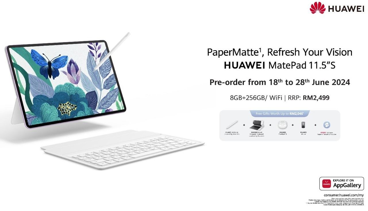 Promotional visual for the HUAWEI MatePad PaperMatte edition, which includes details and price of the tablet