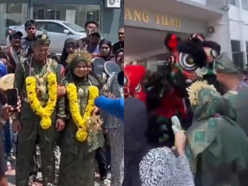 malaysian newlyweds' ceremony sparkles with kompang, lion dance, and urumi melam performances