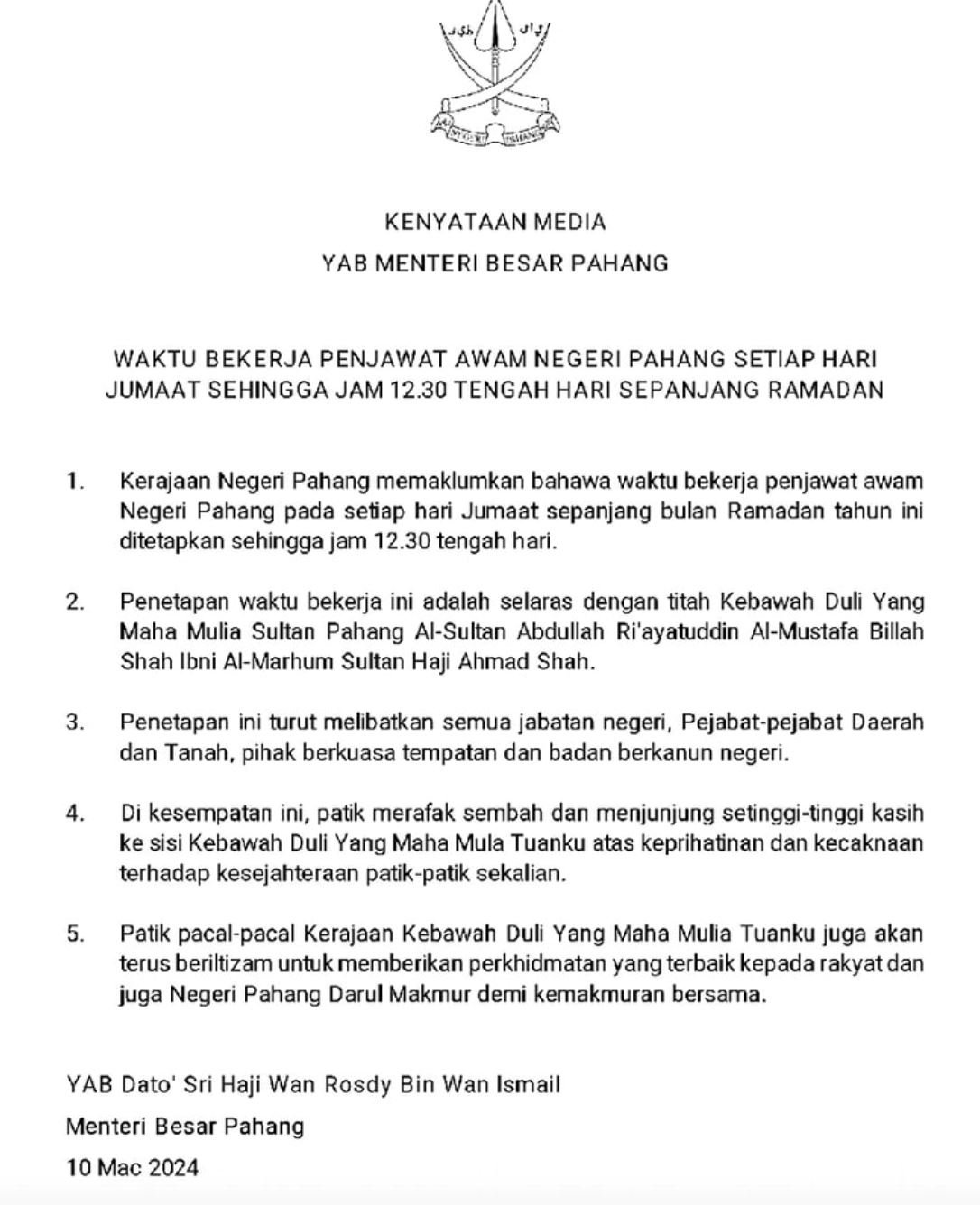 bulan ramadan, penjawat awam di pahang kerja hingga jam 12.30 tengah hari tiap jumaat