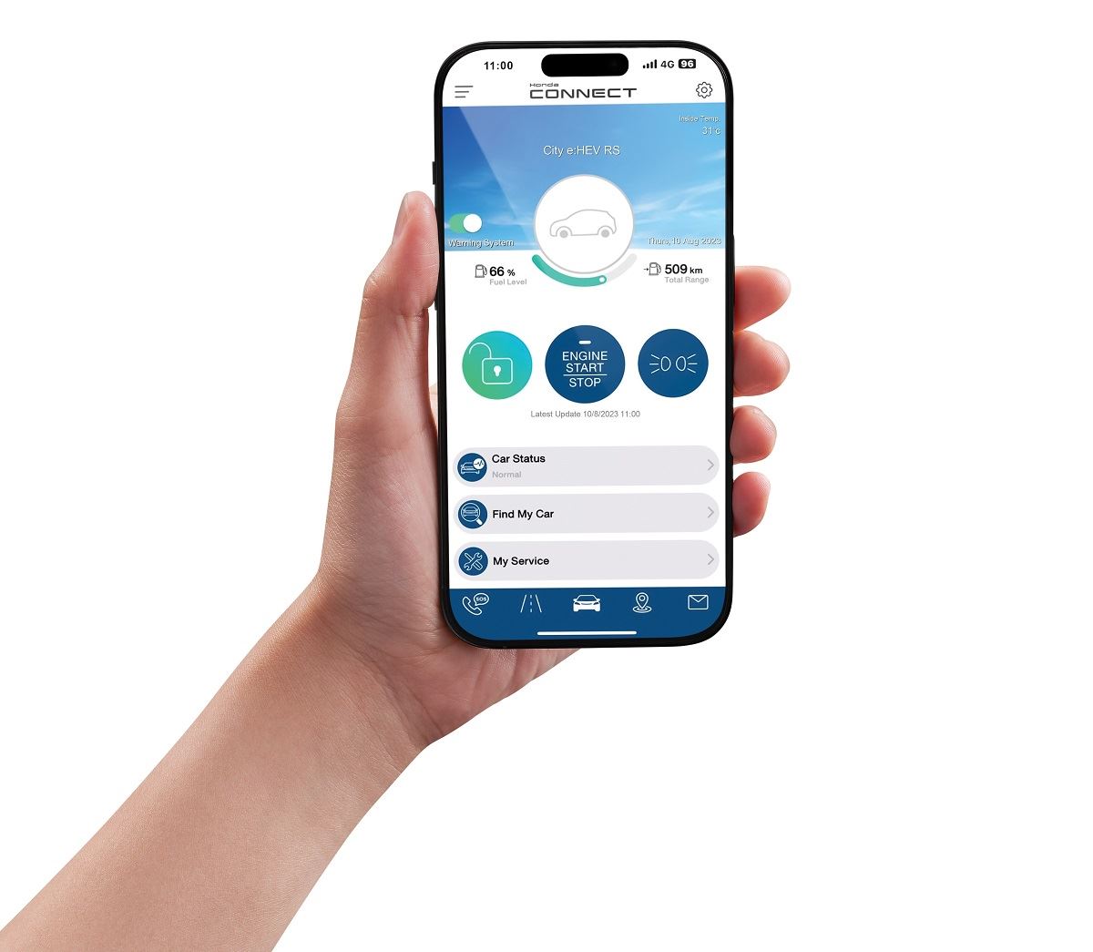 Hand holding a mobile phone showing Honda CONNECT app