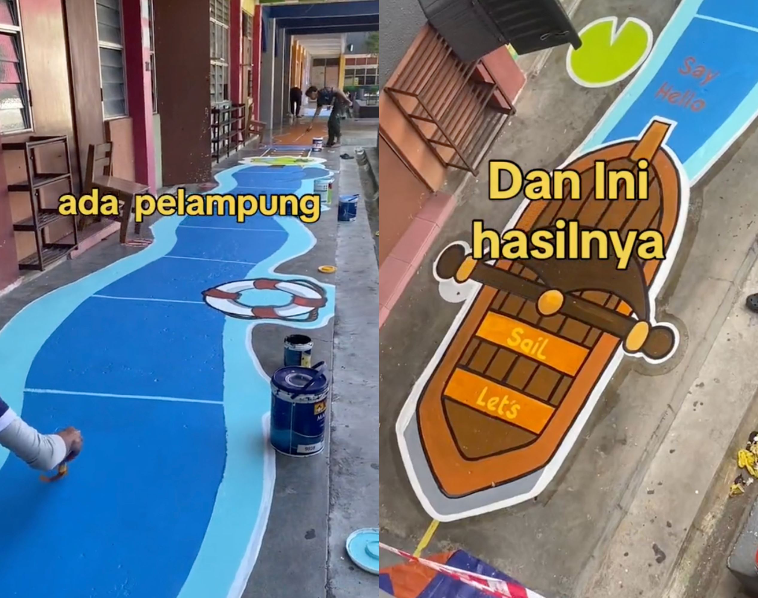 malaysian art teacher creates fun & interactive floor mural to welcome back his students