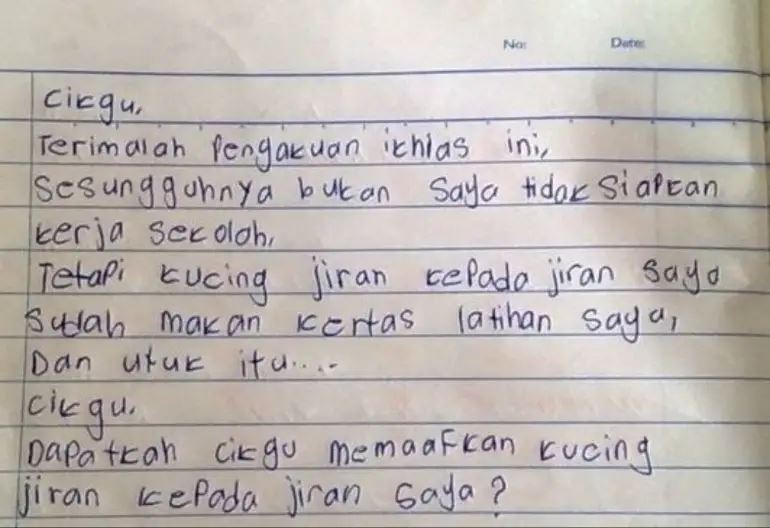 murid tulis surat minta maaf tak siap kerja sekolah punca dari kucing jiran