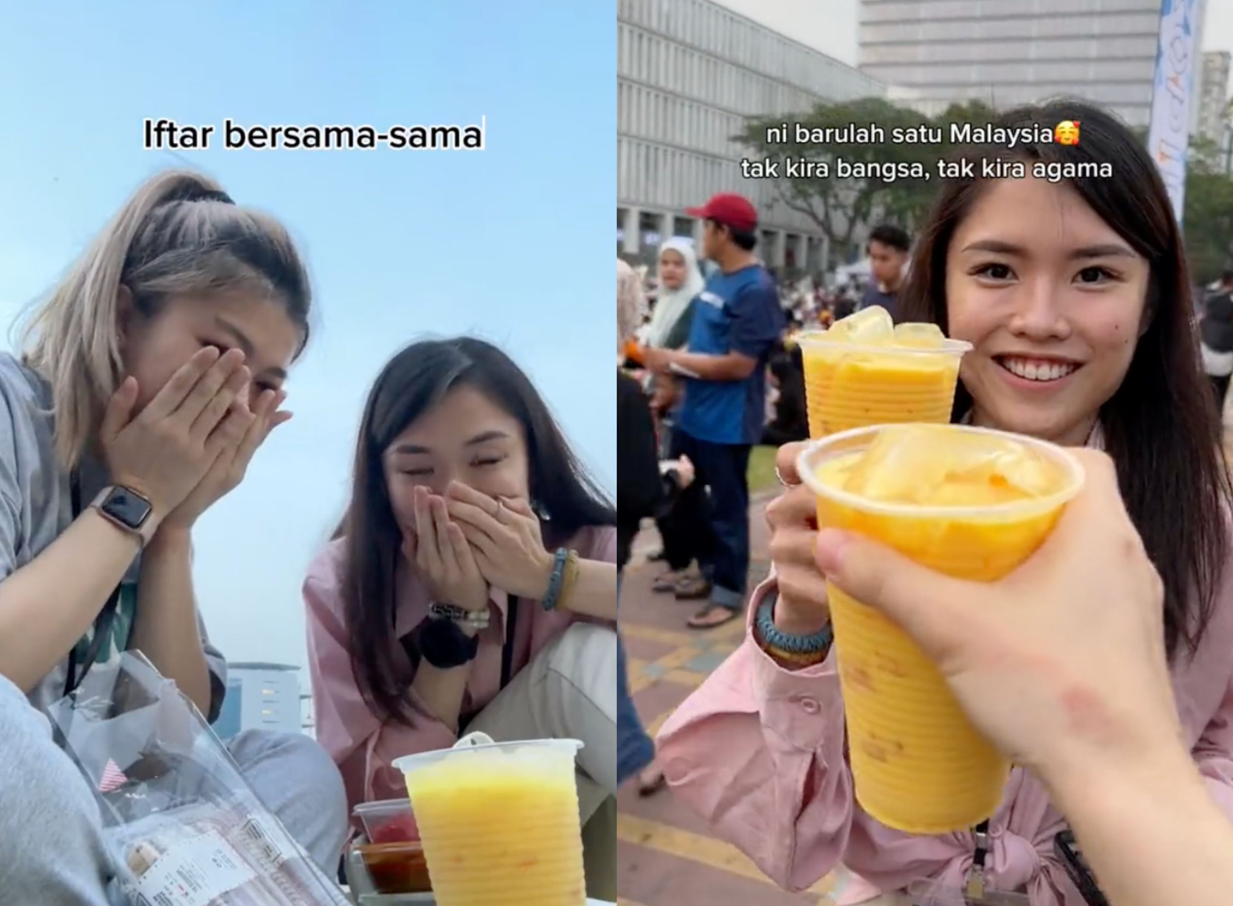 so cute! chinese girls' attempt at breaking fast experience in dataran putrajaya, complete with prayer