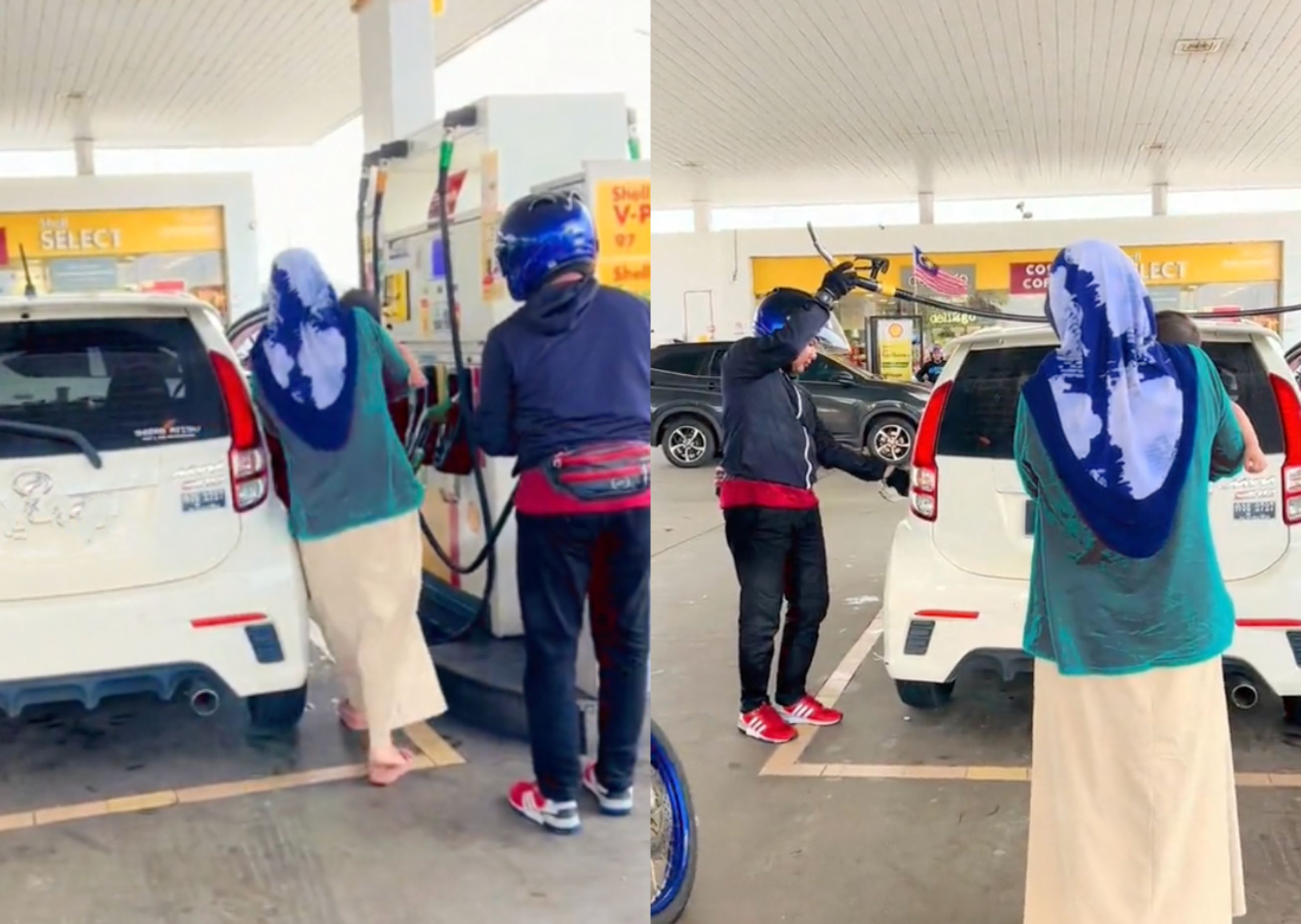 malaysian motorcyclist receives praise for helping mother with young child & baby at petrol station