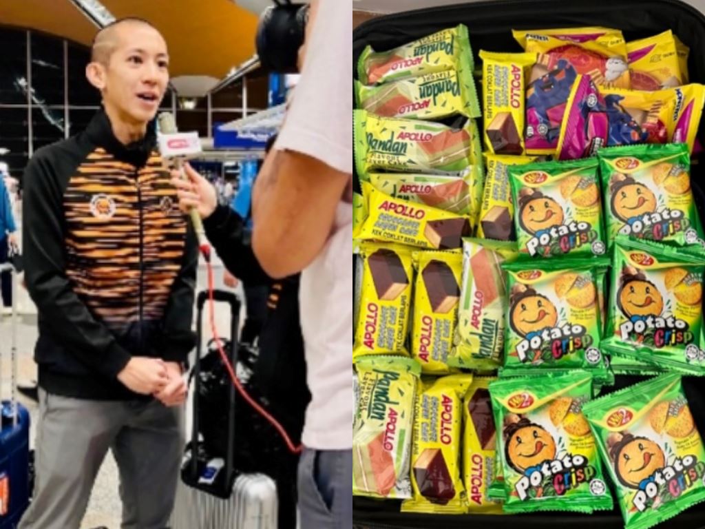 tower runner athlete brings luggage filled with malaysian snacks to share with athletes from other countries
