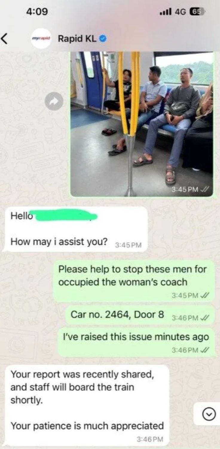 rapidkl steps in after men are seen misusing women-only coach, even resting their feet on the seats