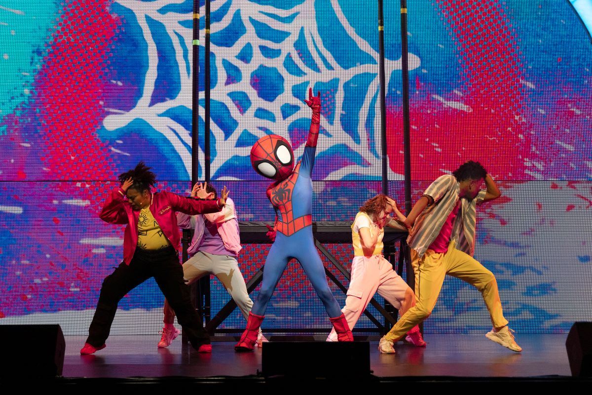Spiderman and friend performing on stage