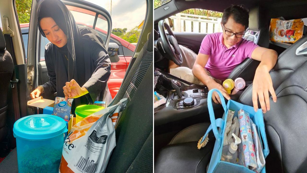 lady with pet food and a man with baby kit in their cars