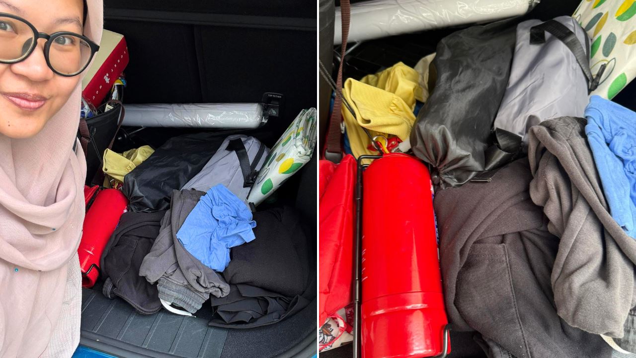 A woman and her items in car boot