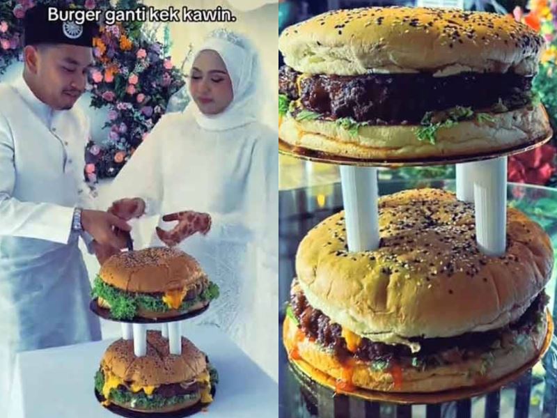 malaysian newlyweds ditch tradition for a unique two-tier burger cake at their wedding reception!