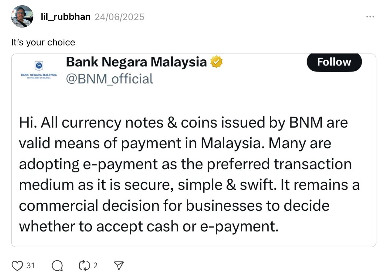 customer leaves 1-star review after cafe refuses cash, malaysians share mixed reactions