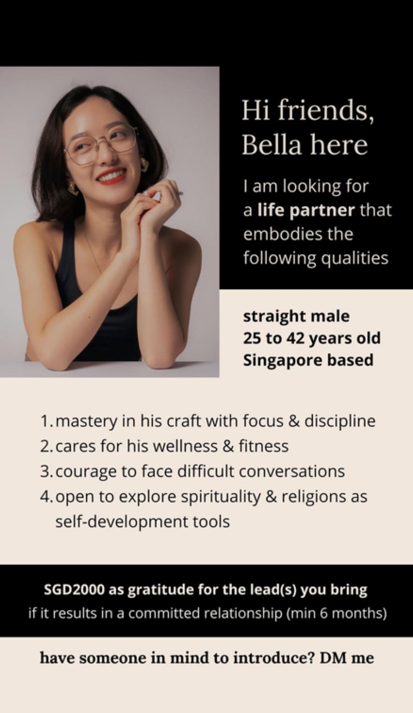 singaporean woman offers rm6,640 reward for matchmaker who finds her true love