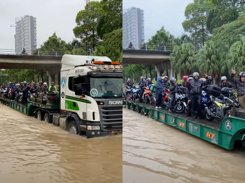  thank you, kind stranger! lorry driver helps motorcyclists cross flooded roads in johor