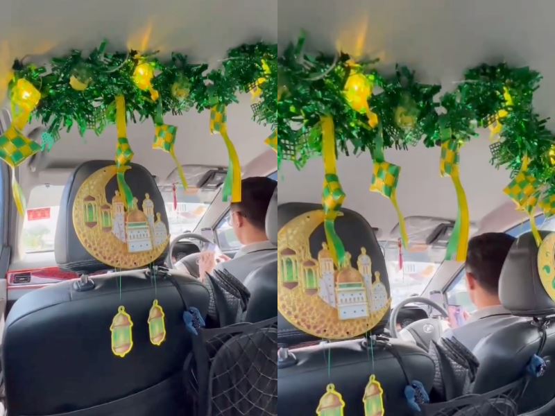 chinese e-hailing driver decorates car with hari raya theme, brightens passenger’s day!