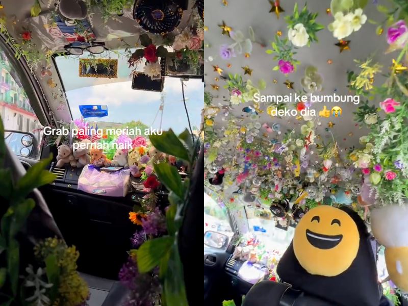 out of a fairytale! passenger amazed by e-hailing car covered in flowers & plush toys