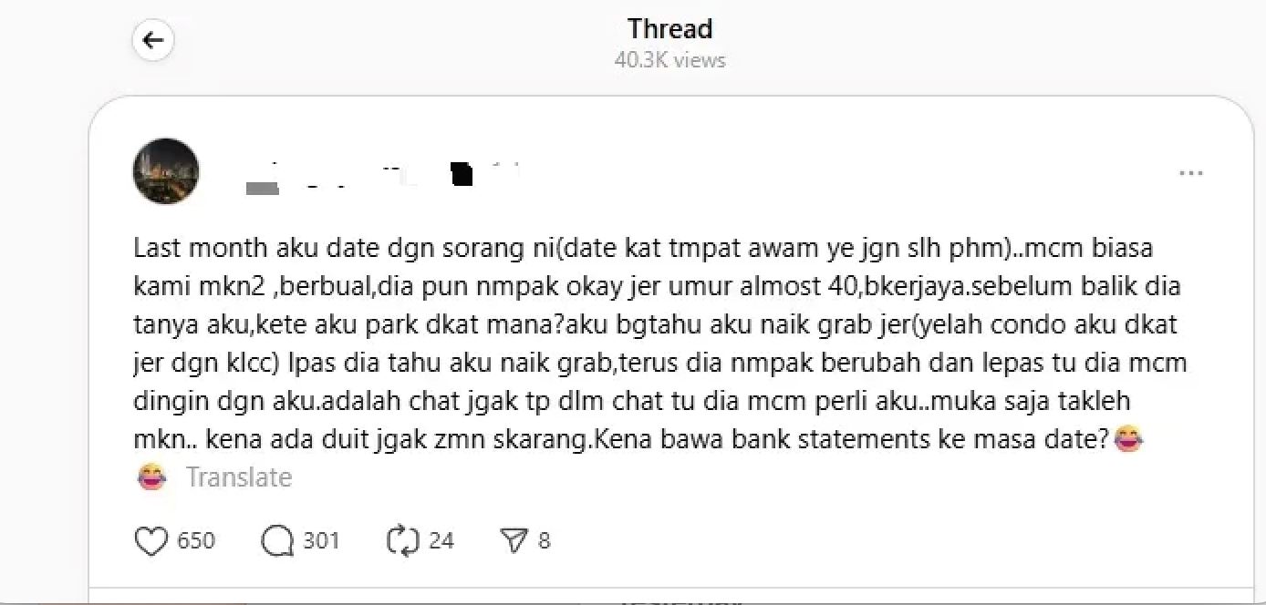 she lost interest when he said he took e-hailing to their date, netizens are debating!