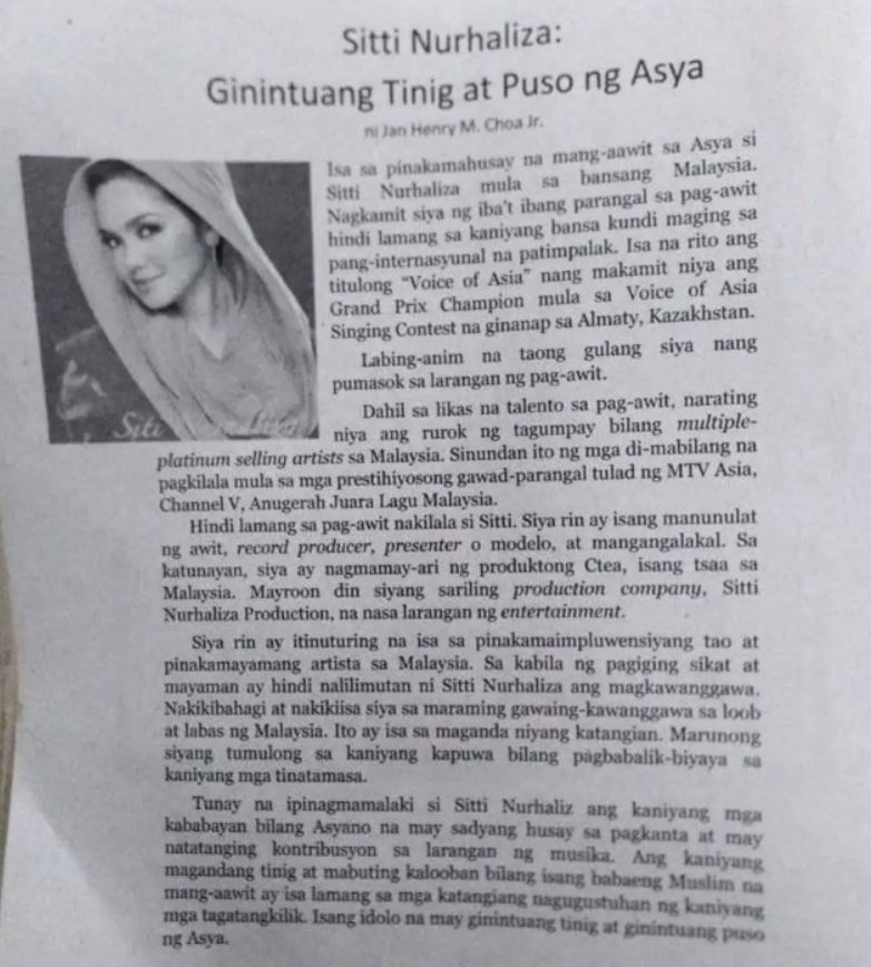 siti nurhaliza featured in philippines 9th grade textbook, malaysians beam with pride