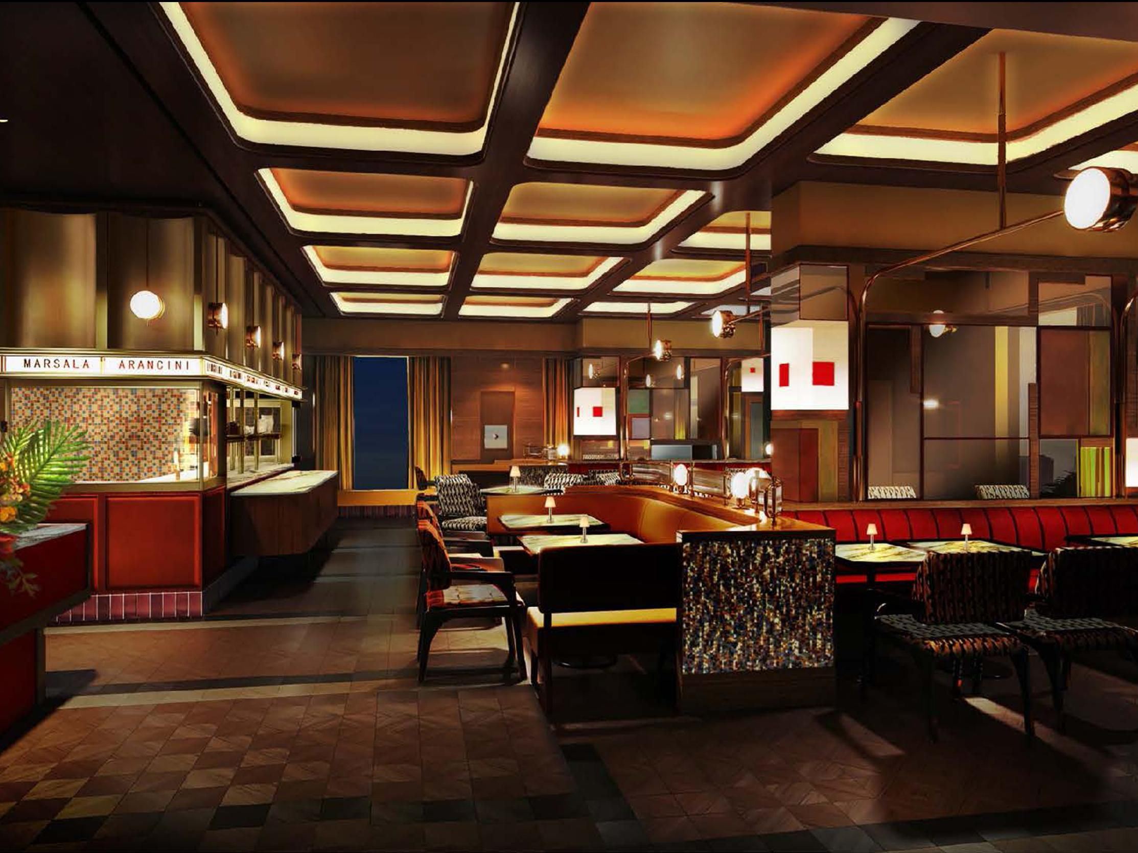 Artist impression of the interior of Sabatos, an italian-american restaurant in Kimpton Naluria Kuala Lumpur